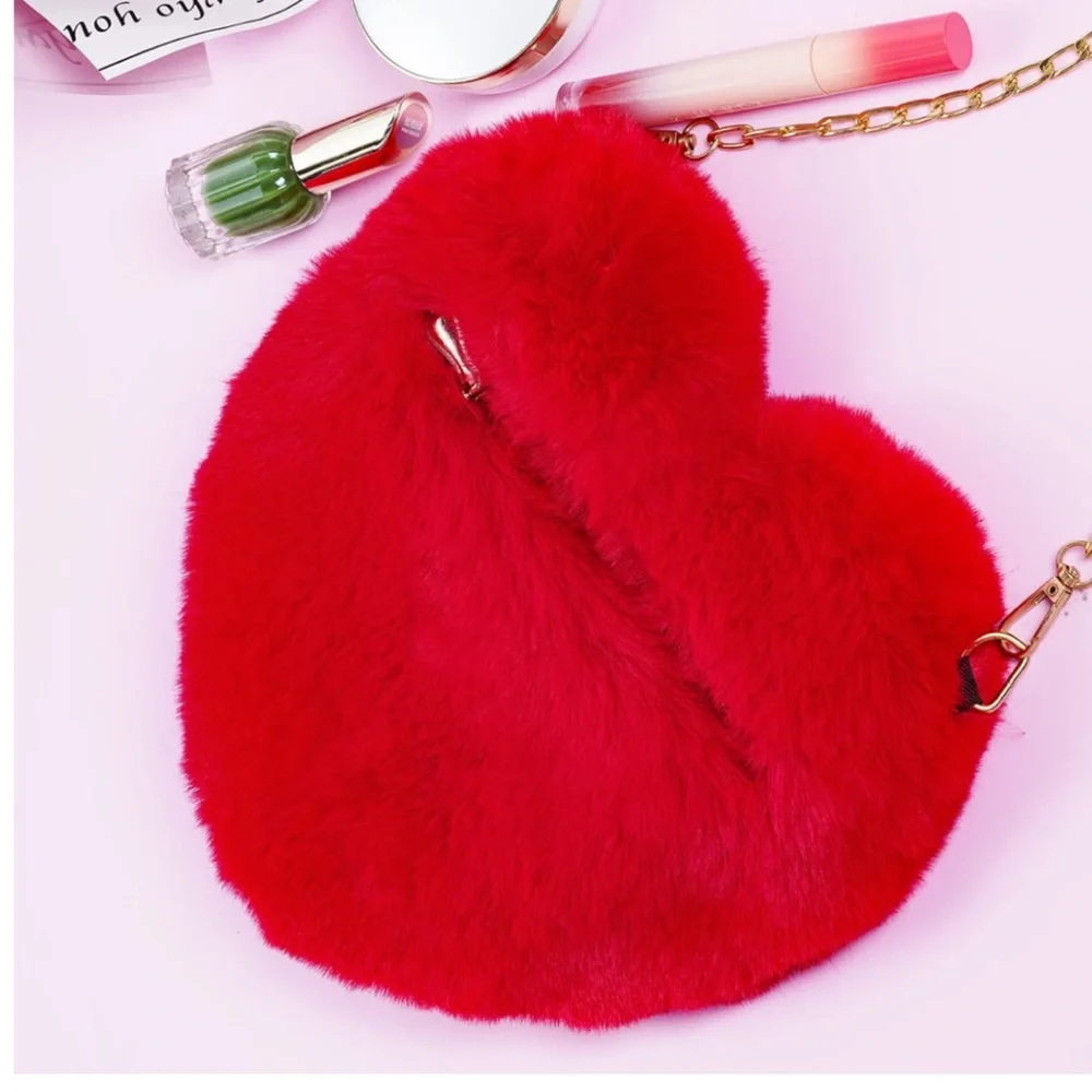 Heart Shaped Fluffy Shoulder Bag Fashion Chain Crossbody Bag Cute Zipper Purse
